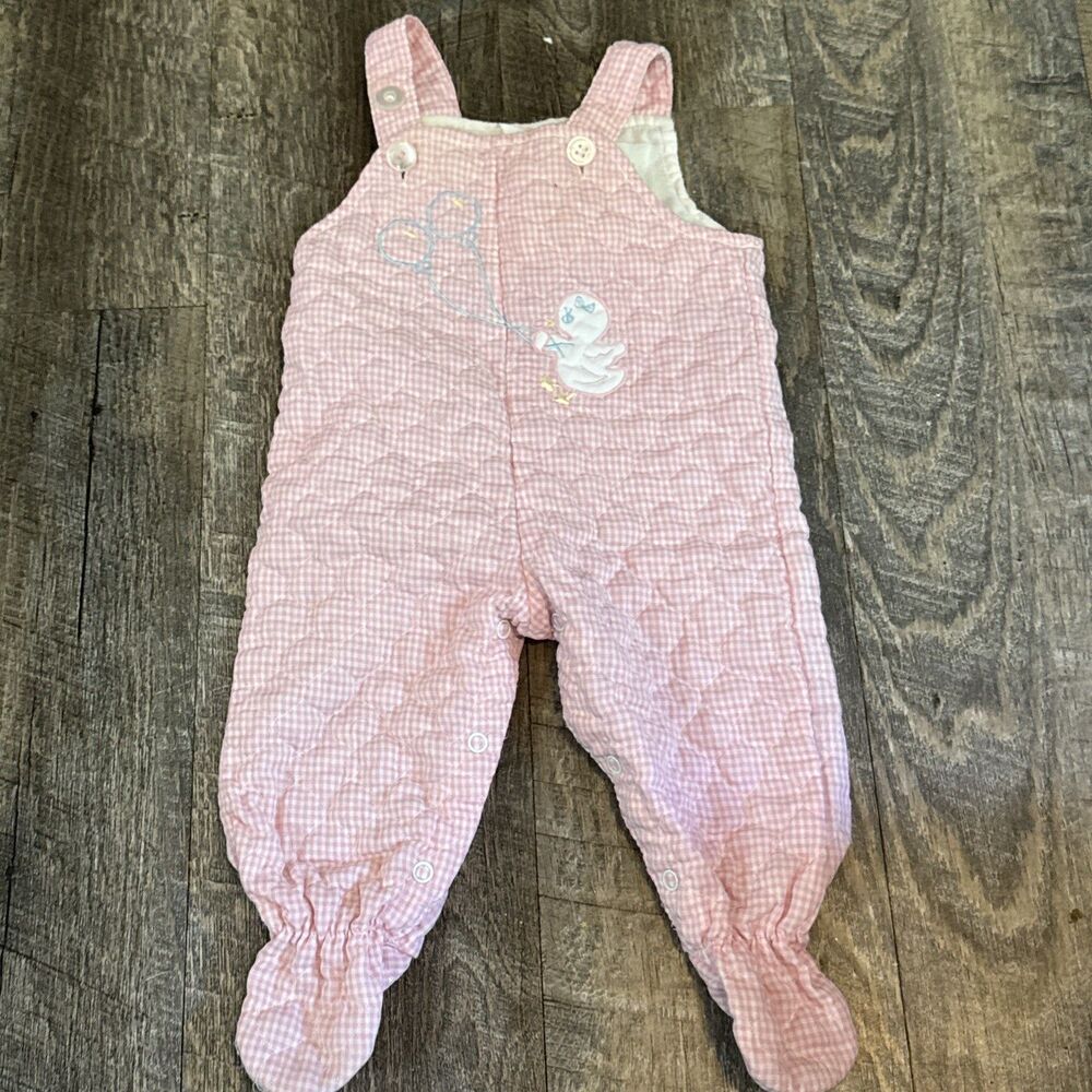 Vintage Tiny Tots Original Baby Girl Overall Footed Romper Size 6-9 Months Duck